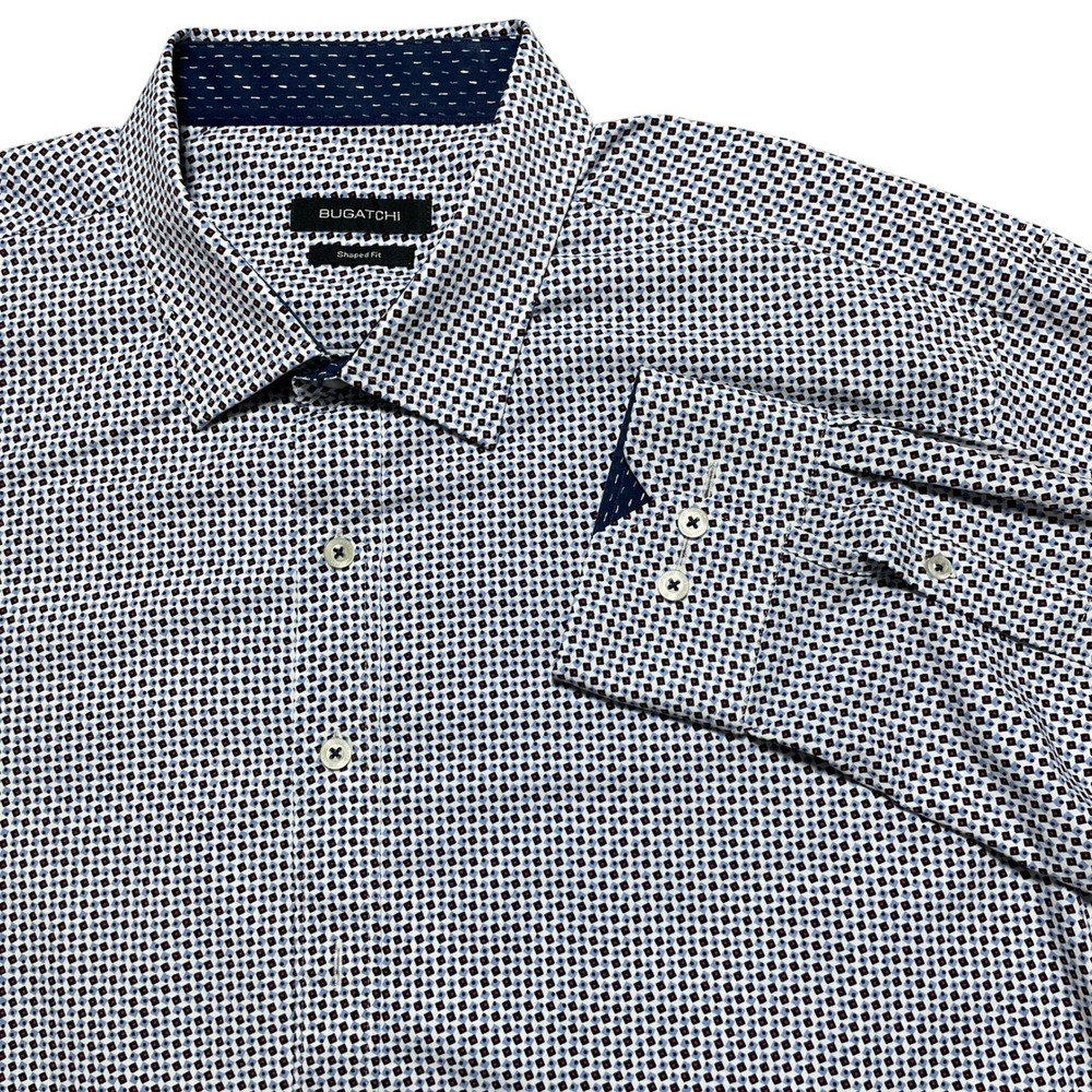 Bugatchi Shaped Fit Mens XXL Long Sleeve Button Down Shirt Geometric Blue Red